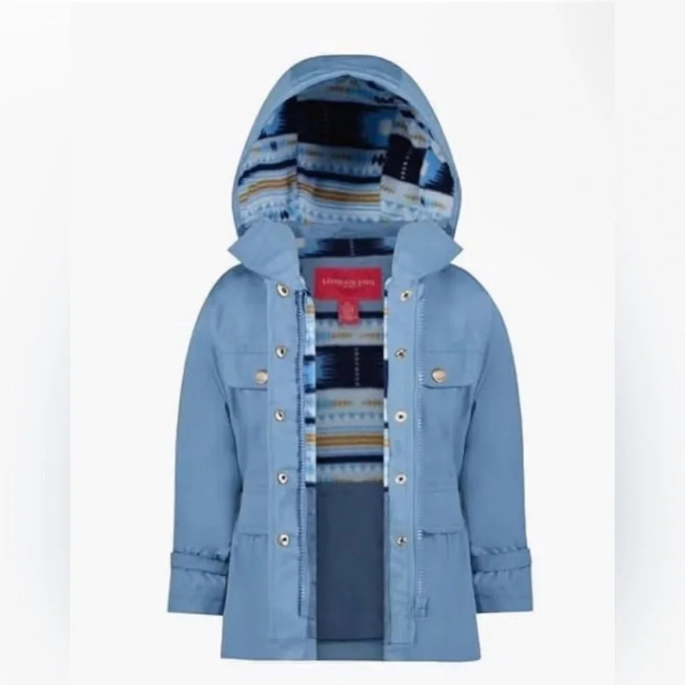 London Fog Light Blue Hooded Raincoat with Patterned Lining